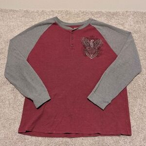 Y2K Mens 2XL Long Sleeve Thermal Henley Shirt Eagle Rebellion Graphic Red Gray